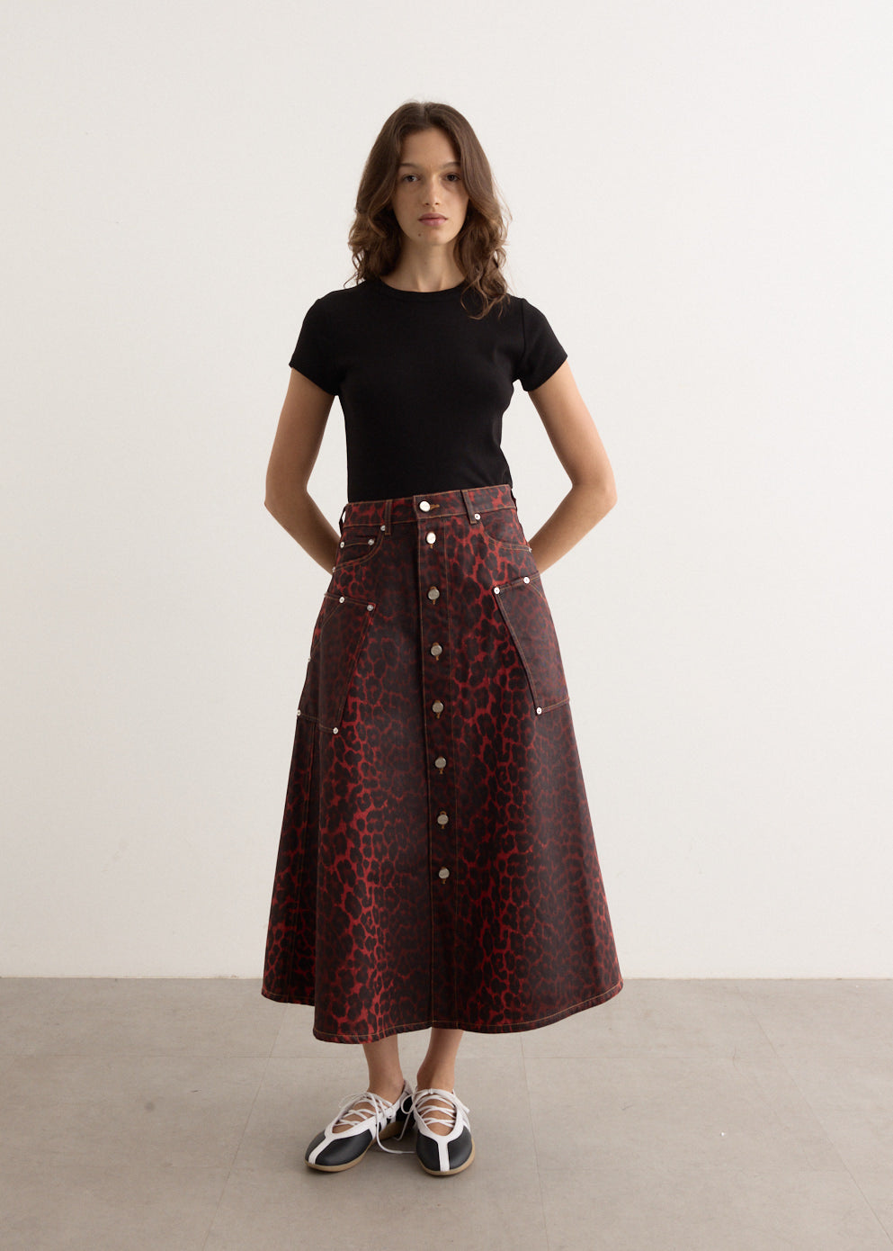 Foil Denim Midi Skirt