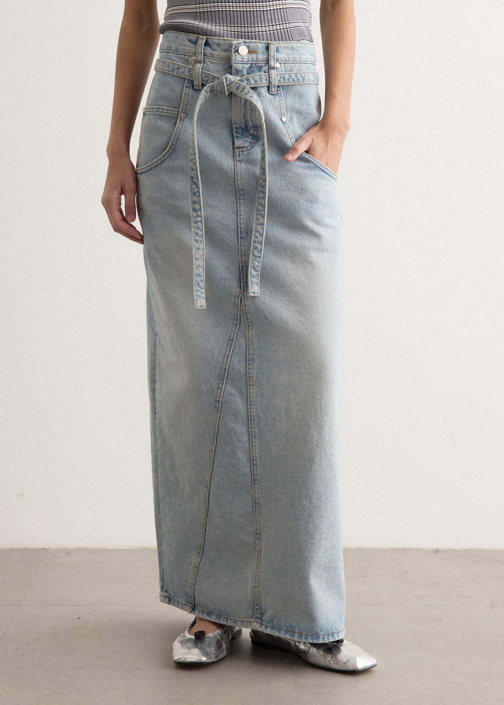 Belted High Waist Denim Skirt